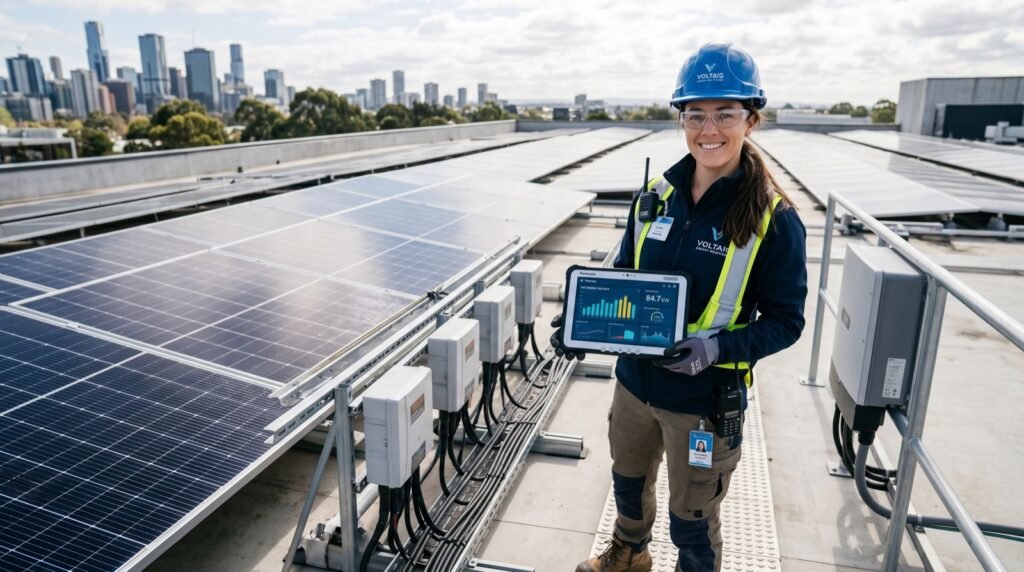 Engineer checking solar output on a tablet